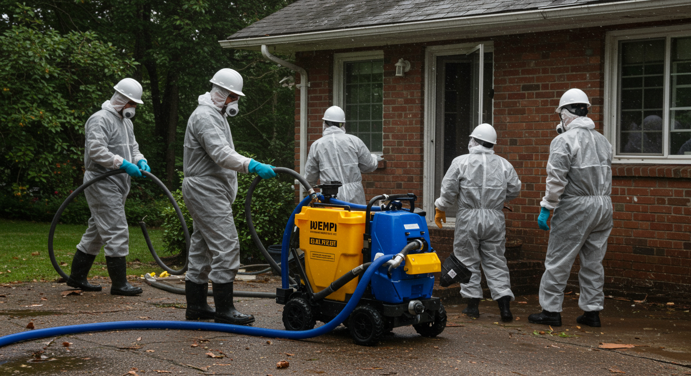 A dynamic scene showing a team of professionals in protective gear actively working on a water-damaged home. They are using specialized equipment to extract water and assess damage.