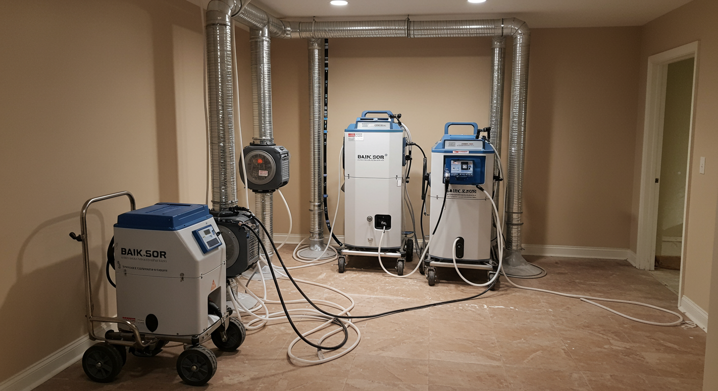 Industrial-grade drying and dehumidifying equipment set up in a home to dry out water-damaged floors and walls.