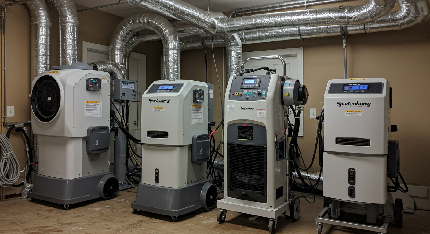 Industrial-grade drying equipment set up in a Spartanburg home, showcasing advanced technology and efficiency.