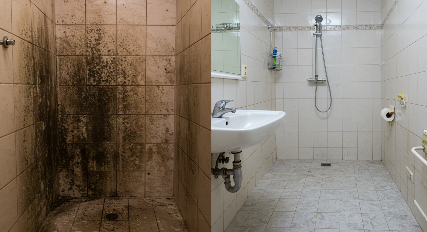 A before-and-after comparison of a mold-infested bathroom. The left side shows dark mold patches on tiles and grout, while the right side shows the same area completely clean and restored. The image emphasizes the effectiveness of professional mold cleaning services.