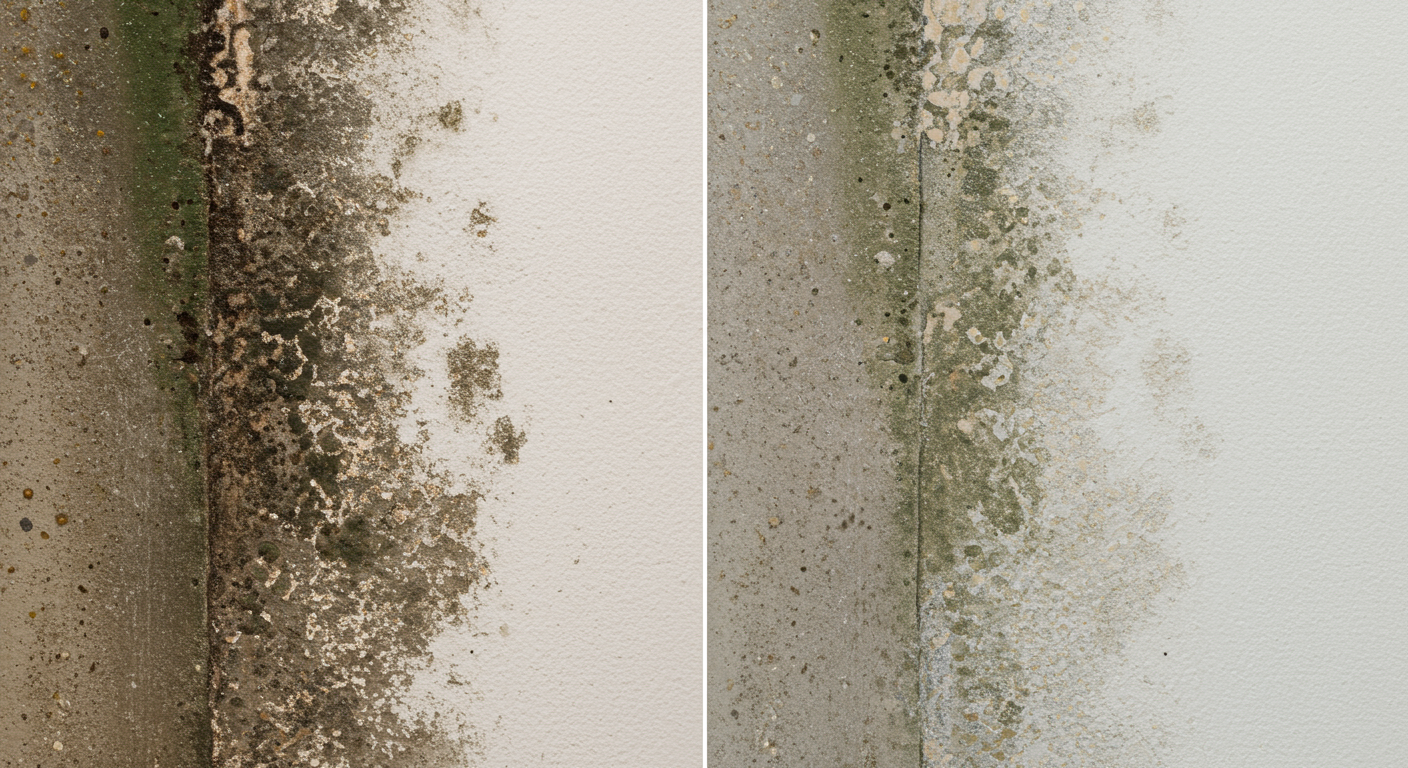 A split-screen image showing a close-up of a mold-infested wall on one side and the same wall after professional cleaning on the other side. The background is neutral to emphasize the transformation.