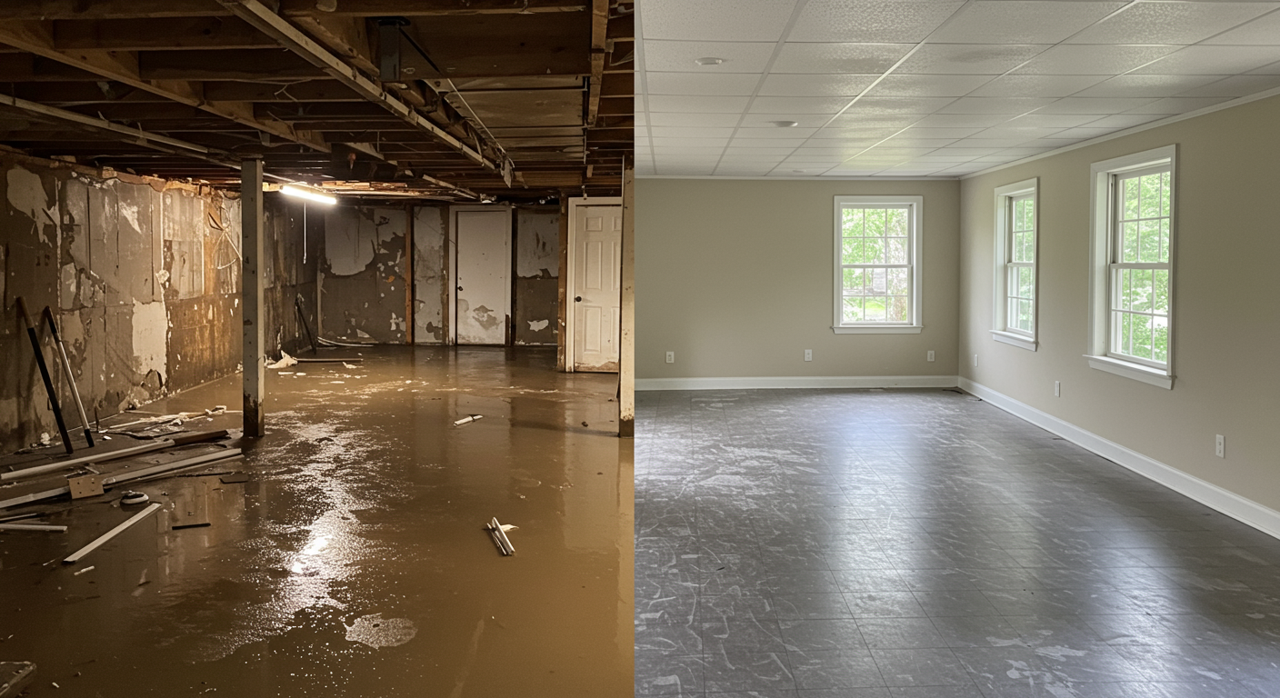 Before-and-after comparison of a flooded basement restoration in Greenville, SC.