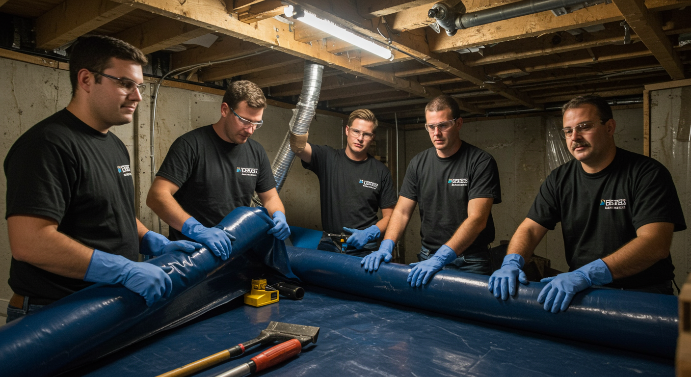 A team of crawl space experts working together to encapsulate a crawl space. The image shows teamwork, tools, and the process of sealing the space with a vapor barrier.