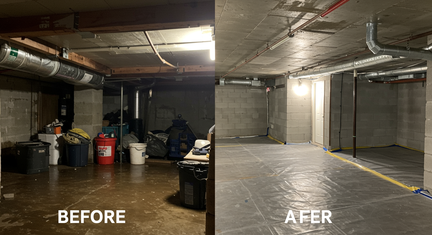 A split-view image showing a crawlspace before and after encapsulation. The 'before' side displays a dark, damp, and cluttered crawlspace, while the 'after' side showcases a clean, bright, and fully encapsulated space with a vapor barrier installed.