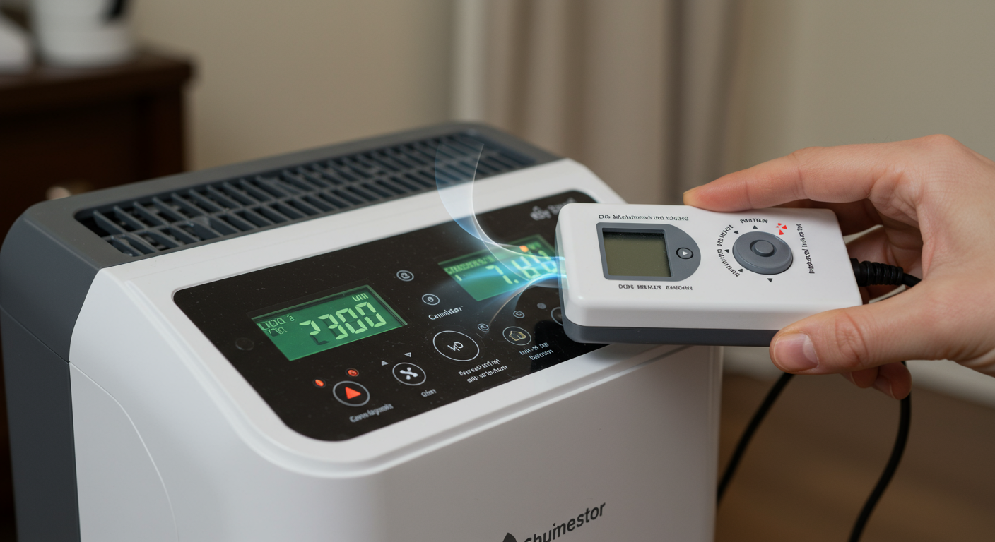 A close-up of a dehumidifier and air quality testing equipment in use, set in a home environment. The equipment is shown actively working to improve air quality.