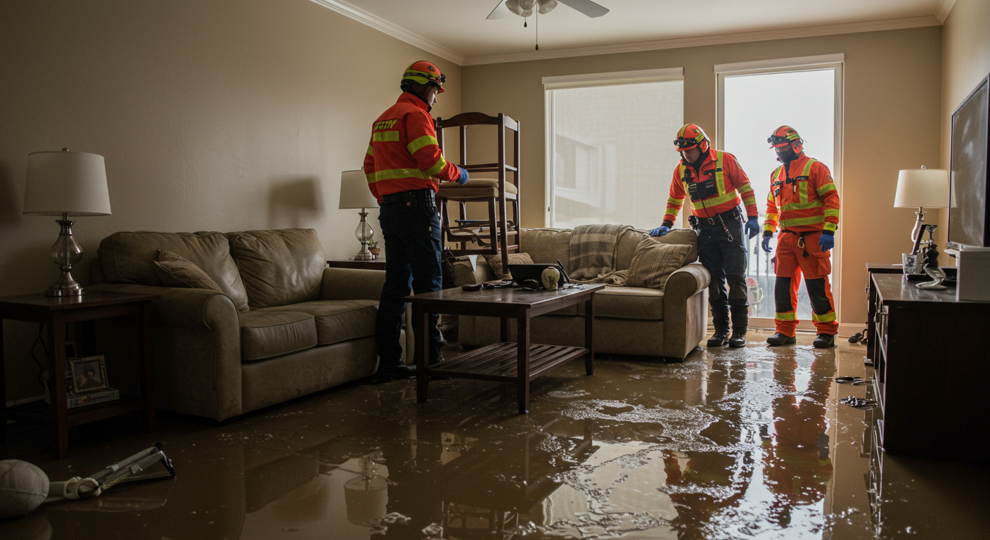A flooded living room with water pooling on the floor, furniture slightly elevated to avoid damage, and an emergency response team assessing the situation with professional equipment.