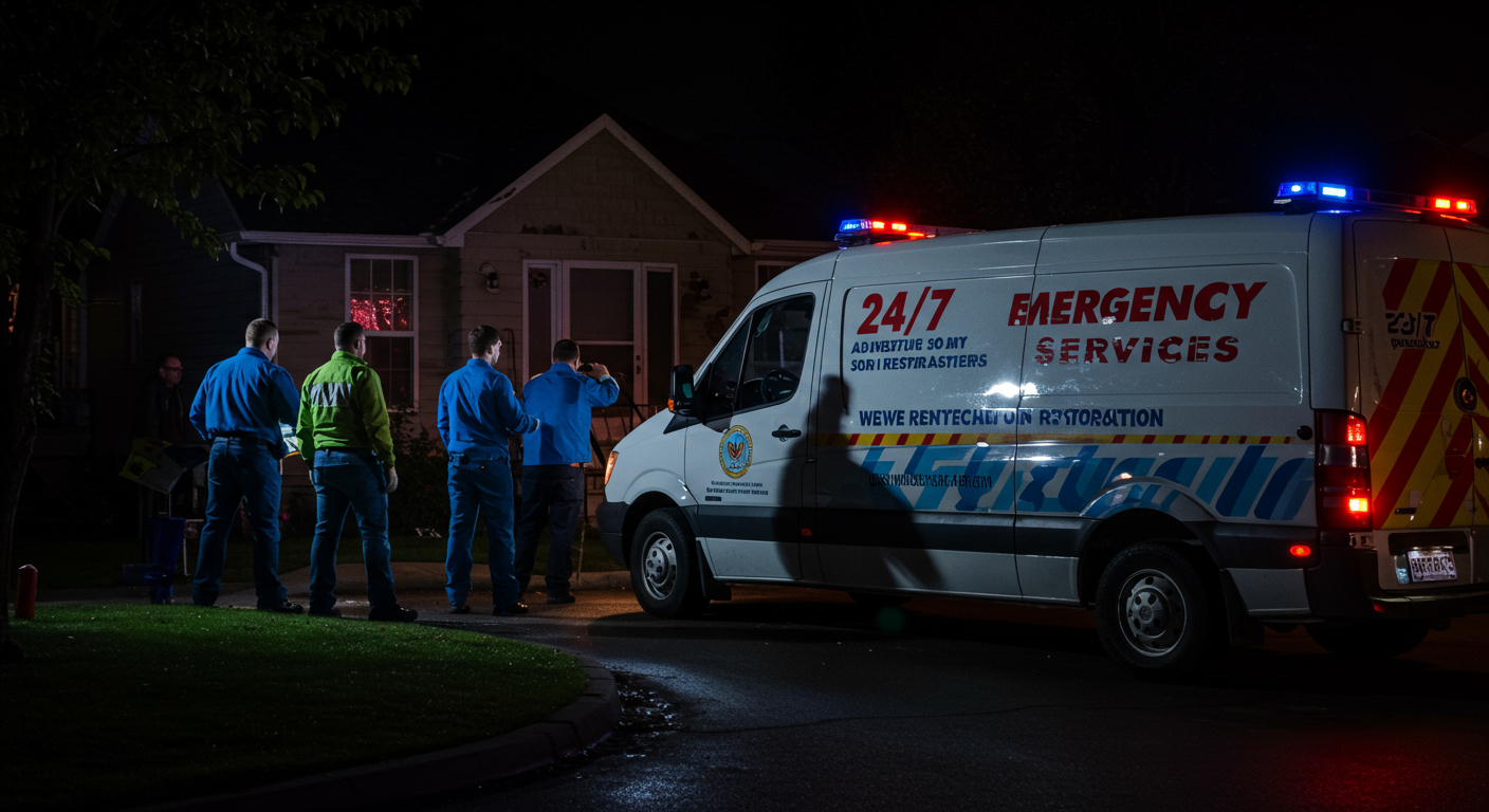 A team of water restoration professionals responding to an emergency call at night.