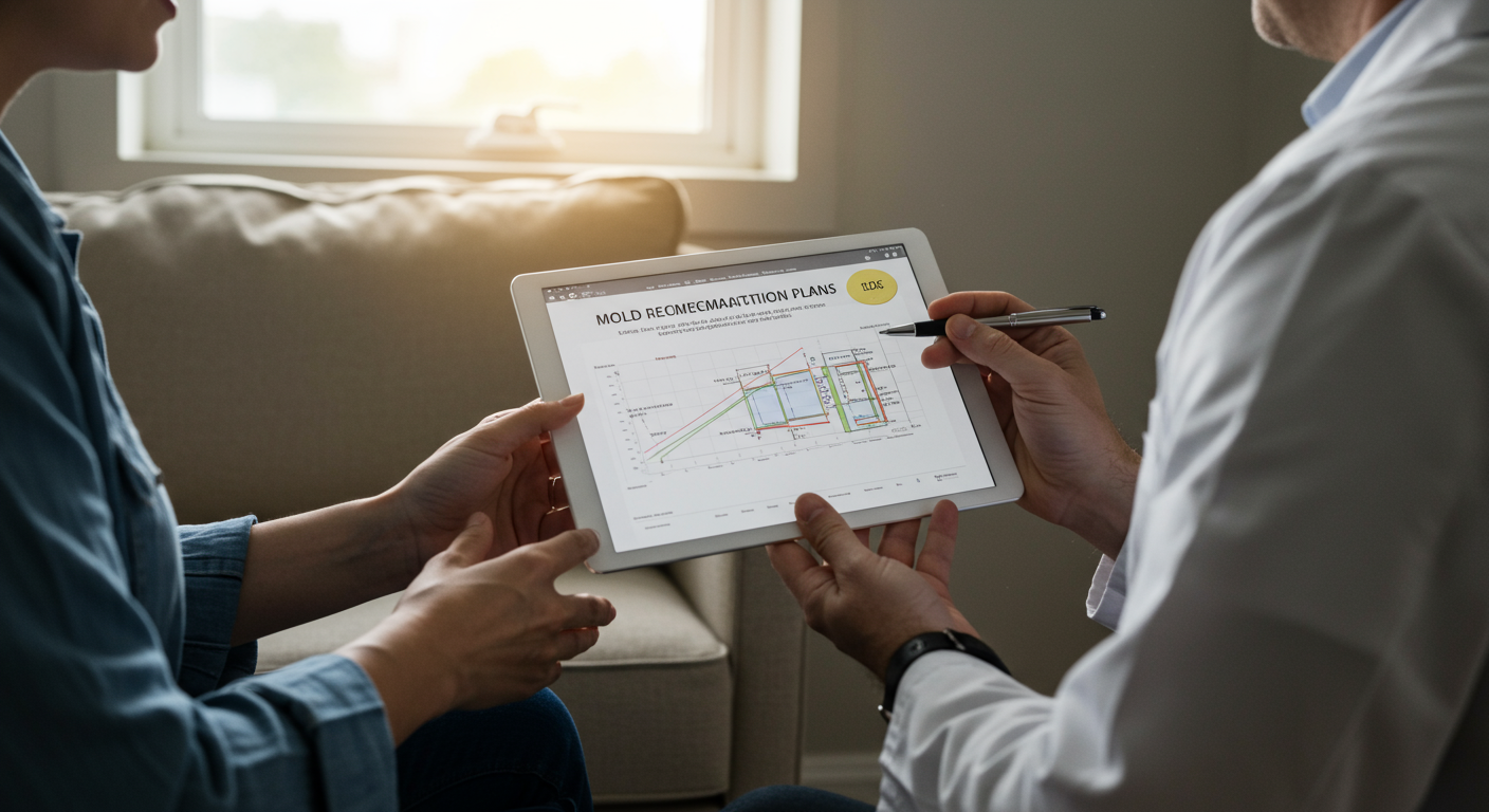 A homeowner discussing mold remediation plans with a professional. The expert is holding a clipboard or tablet, showing inspection results or a remediation plan.