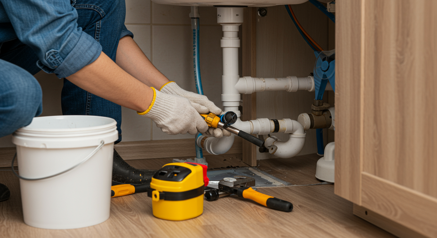A homeowner fixing a leaky pipe under a sink, with tools and a bucket in the frame. The focus is on preventing moisture buildup to avoid mold growth.