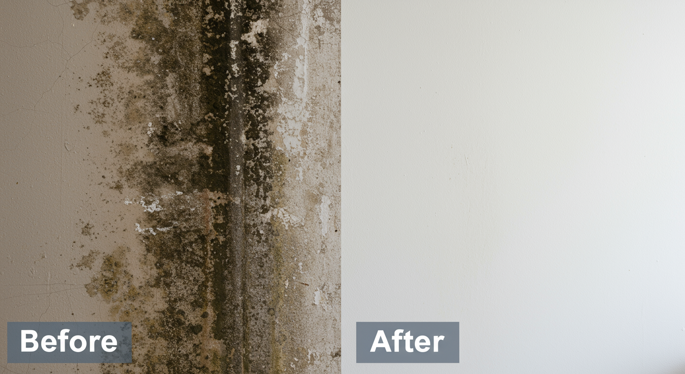 A side-by-side comparison of a mold-infested wall before and after professional cleaning. The 'before' side shows dark mold patches, while the 'after' side is spotless and clean. The image emphasizes the effectiveness of professional services.