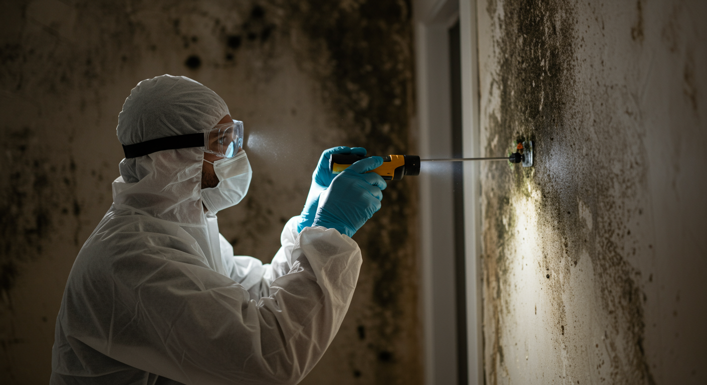 A professional mold specialist inspecting a damp wall in Spartanburg, SC