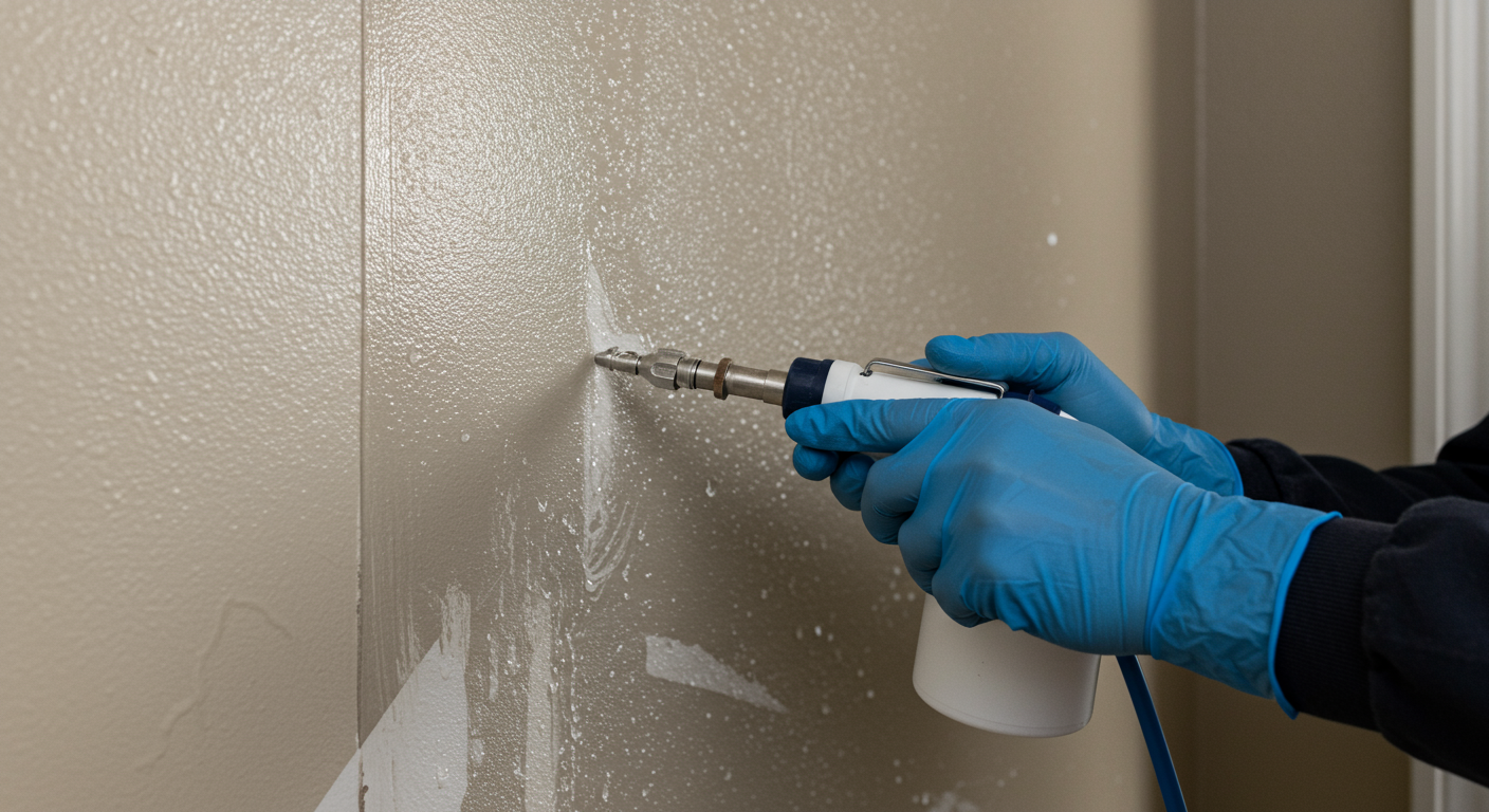 A close-up of a technician applying anti-mold treatment to a water-damaged wall in a Spartanburg home. The image highlights the importance of mold prevention during the water remediation process, with the technician using specialized equipment and wearing protective gloves.