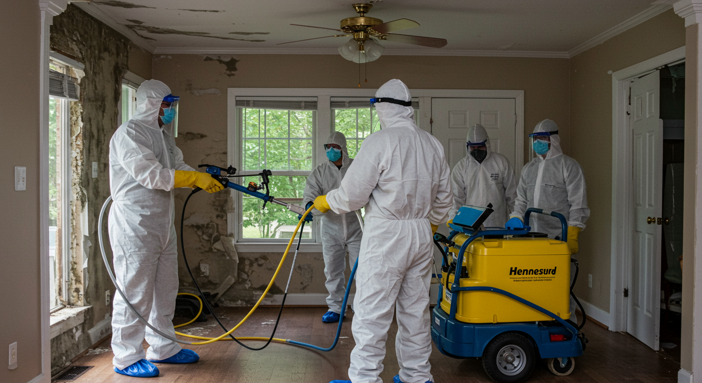 A team of mold removal experts actively cleaning and treating a mold-affected area using industrial-grade equipment. The background shows a Spartanburg home interior with safety measures in place.