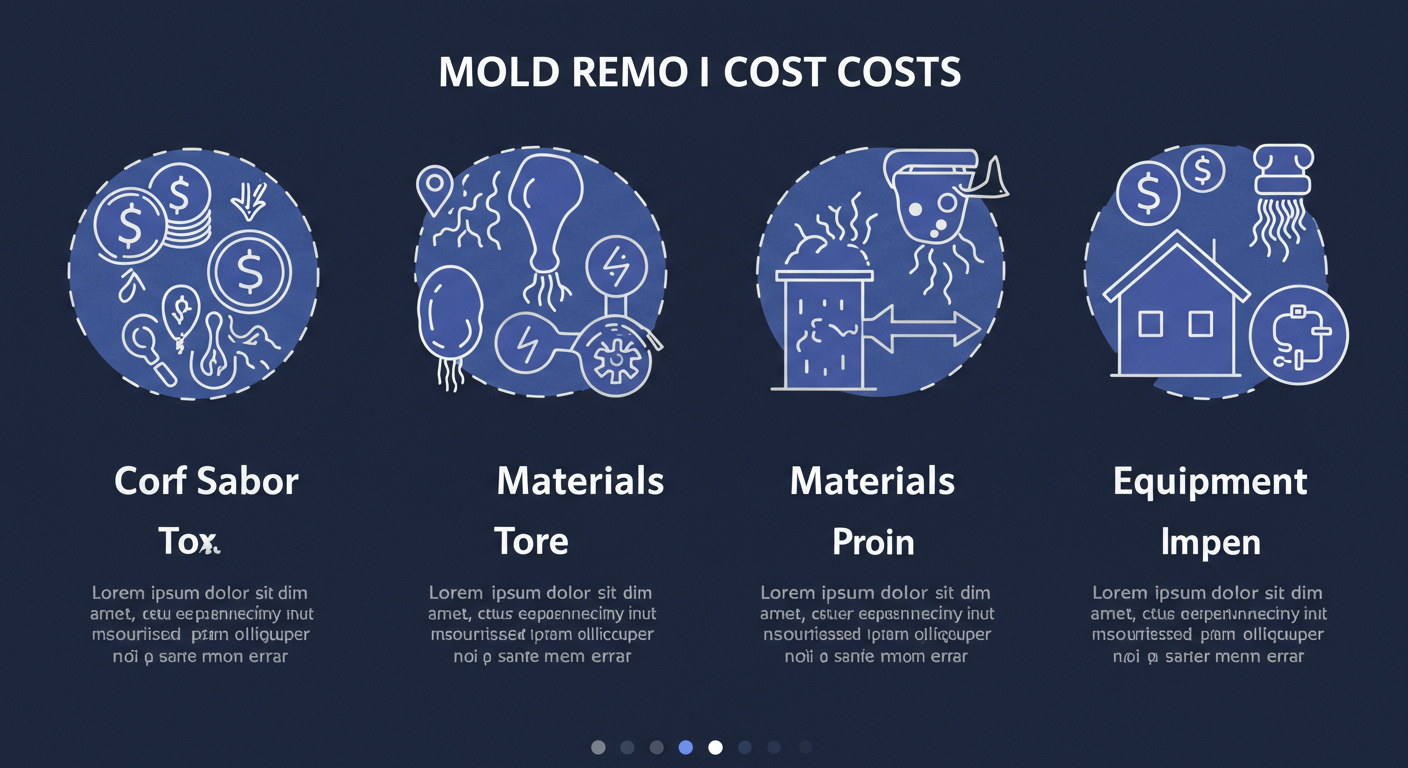 A visually appealing infographic-style image showing a breakdown of mold removal costs, including labor, materials, and equipment. The image uses icons like dollar signs, tools, and a house to represent each cost factor.