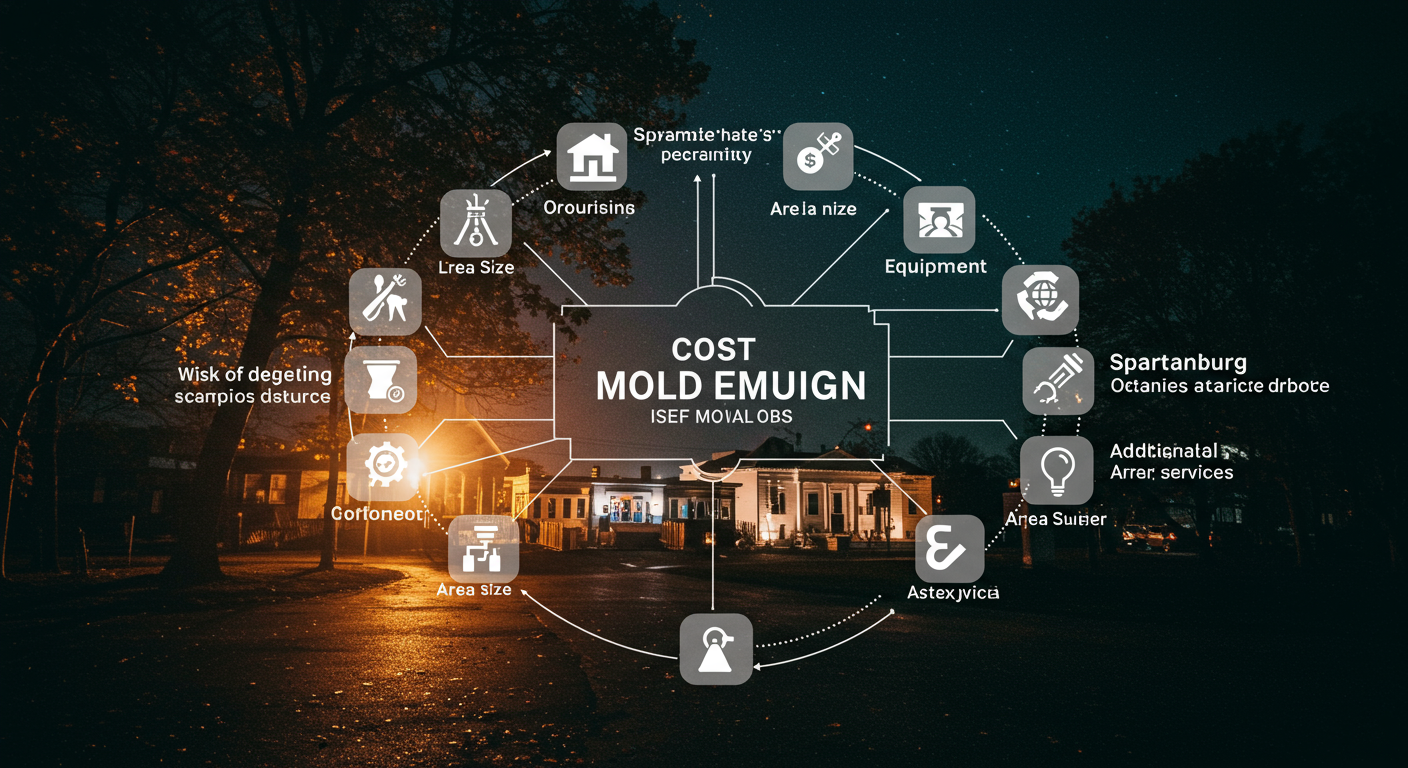 A visual representation of cost factors for mold removal, including icons for labor, equipment, area size, and additional services. The background subtly incorporates Spartanburg landmarks or a map outline.