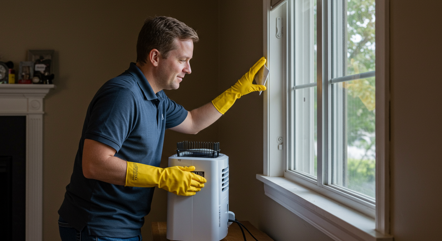 A homeowner in Spartanburg applying preventive measures, such as using a dehumidifier or sealing a window. The image emphasizes proactive steps to avoid mold issues.