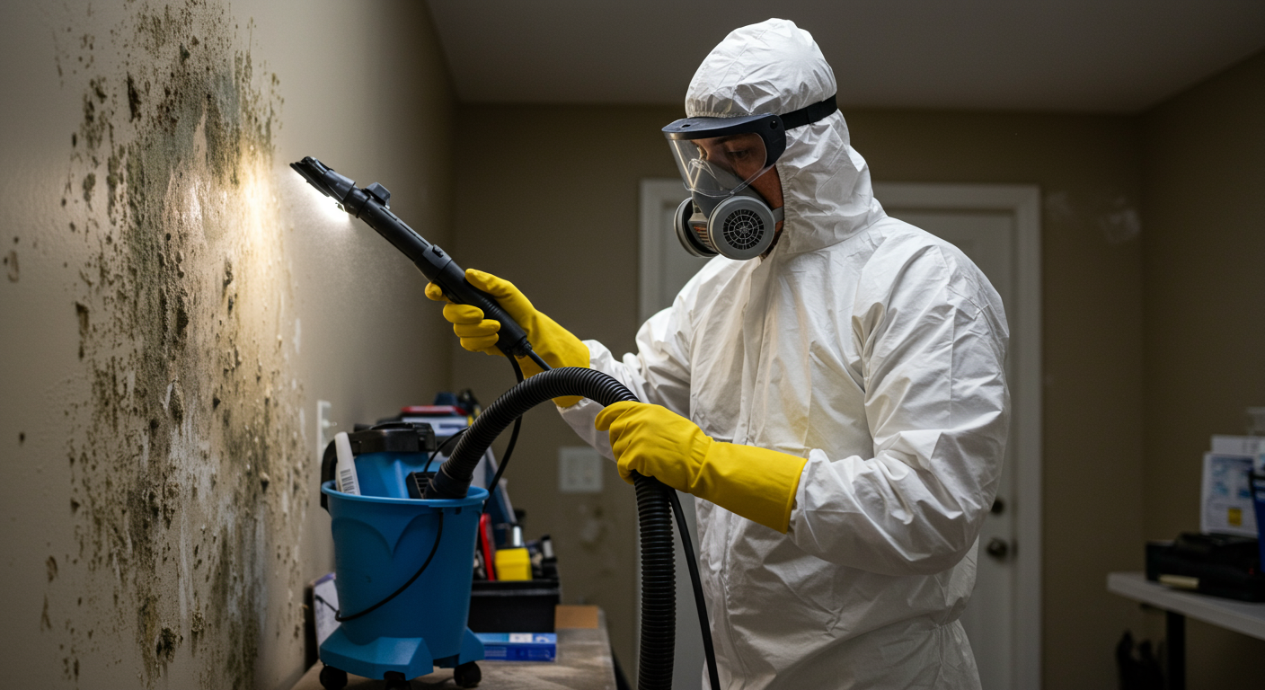 A professional mold cleaning technician in Greenville, SC, wearing protective gear (mask, gloves, and suit) while using advanced equipment like a HEPA vacuum to remove mold from a wall in a residential home. The background shows a clean, organized workspace with visible mold patches being treated.