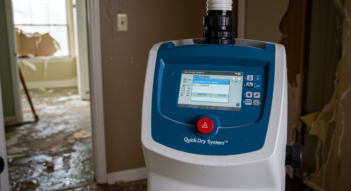 A close-up of the QuickDry System™ equipment in operation, showing its advanced technology. The equipment is placed in a room with visible water damage, emphasizing its efficiency.
