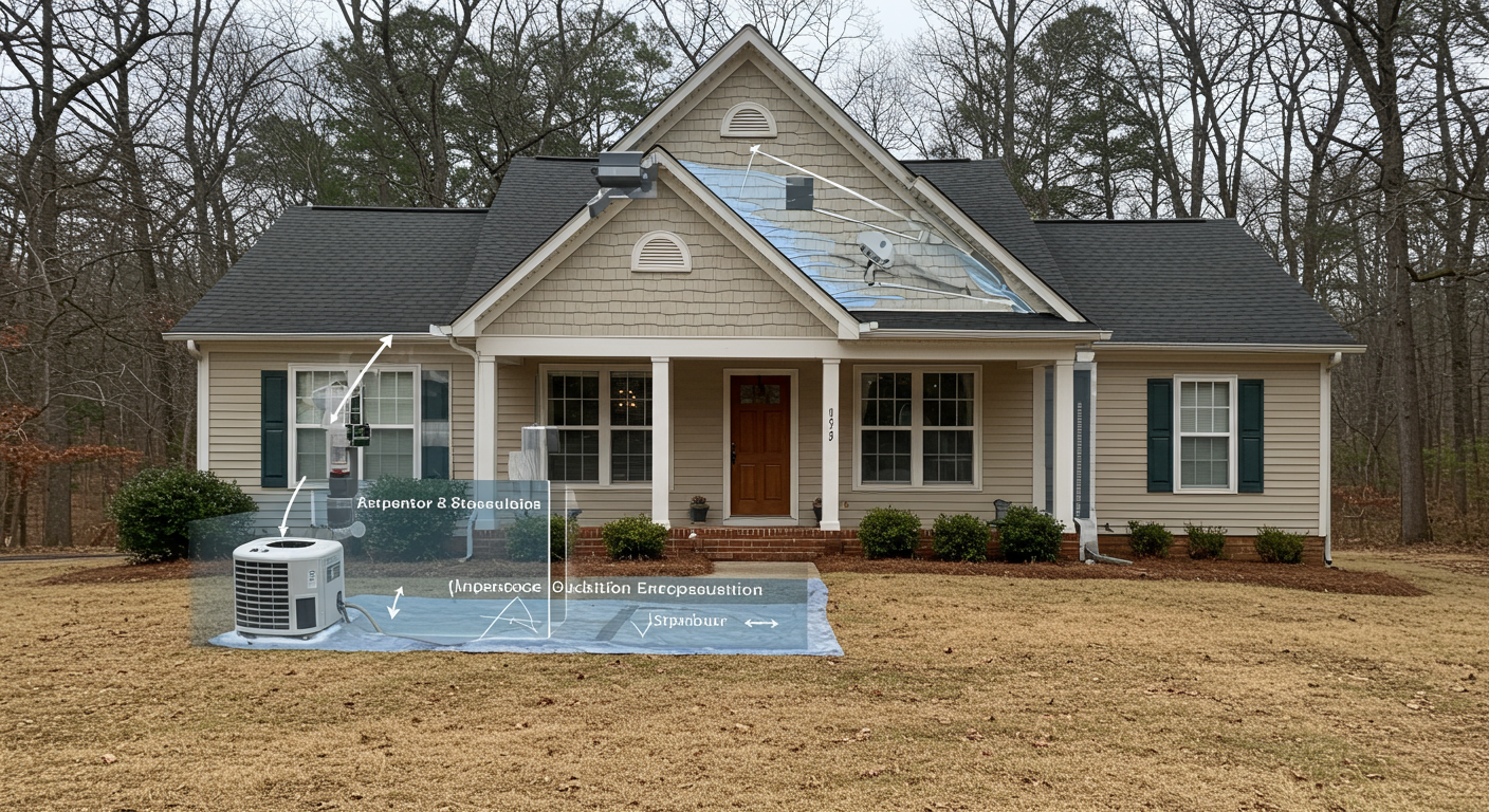 An exterior view of a charming home in Spartanburg, SC, with a subtle overlay of the crawlspace encapsulation process (e.g., vapor barrier installation, dehumidifier placement). The image emphasizes local relevance and home protection.