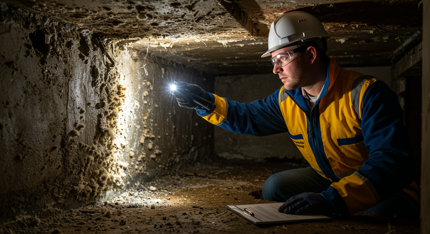 A professional inspector using a flashlight to examine a damp area in a basement for mold growth.