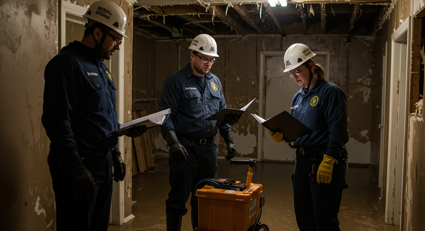 A team of water remediation experts inspecting a flooded basement in Spartanburg. The team is equipped with safety gear and tools, demonstrating professionalism and teamwork. The background shows water damage, such as wet walls and standing water.