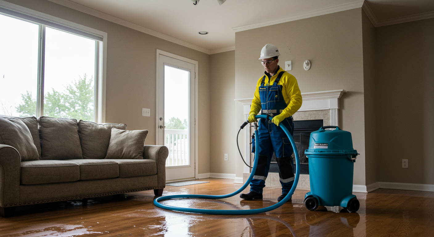 A professional water remediation technician using advanced water extraction equipment in a flooded residential living room.