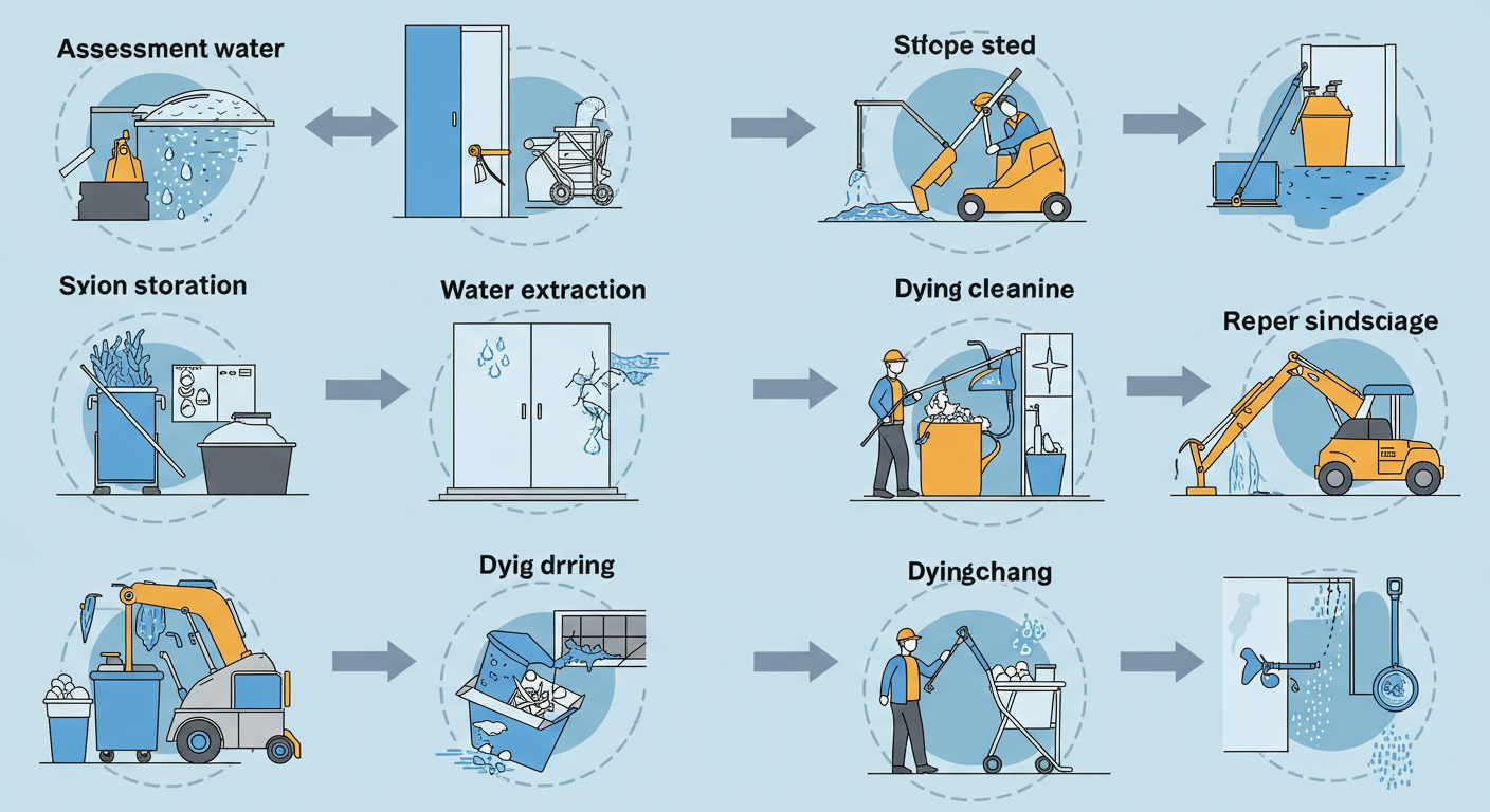 A step-by-step visual representation of the water remediation process, showing assessment, water extraction, drying, and cleaning stages. Each stage is depicted with a clear focus on the tools and techniques used.