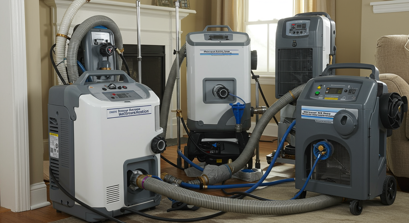 A close-up of advanced water damage restoration equipment, such as dehumidifiers and air movers, set up in a residential environment.
