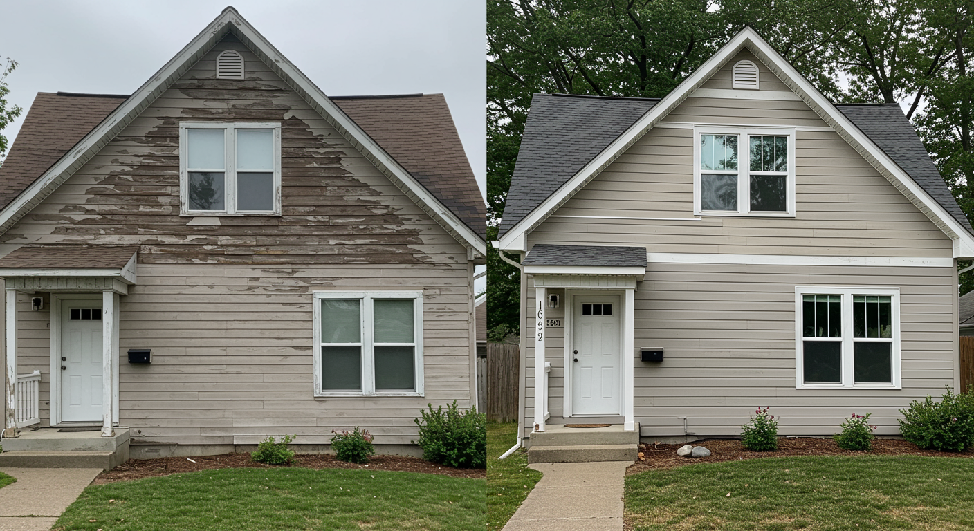 A visual comparison of two homes: one with deteriorating asbestos siding shingles and another with newly installed siding. The image highlights the transformation and improvement in curb appeal.