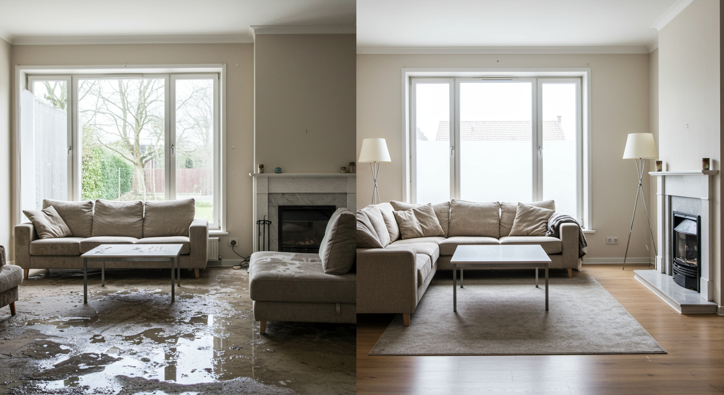 A split image showing a living room before and after water damage restoration. The left side depicts water-logged furniture and wet carpets, while the right side showcases a clean, dry, and restored space.