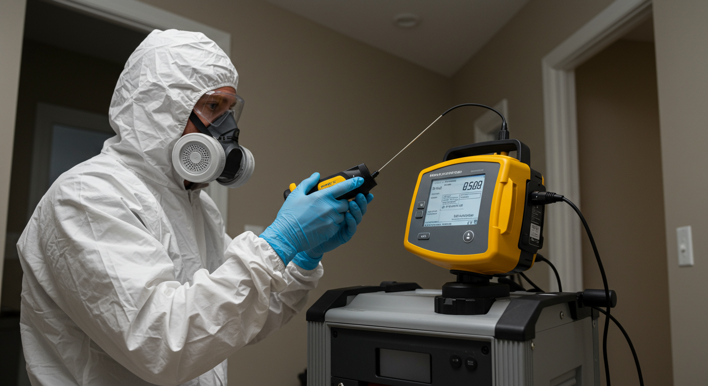 A professional conducting an air quality test in a home, using advanced equipment. The focus is on the technology and the careful process of ensuring a safe environment post-abatement.