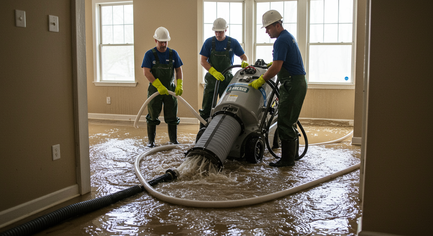 A team of professionals using a powerful water extraction machine in a flooded area of a home. The image conveys urgency and the importance of quick response in water damage situations.