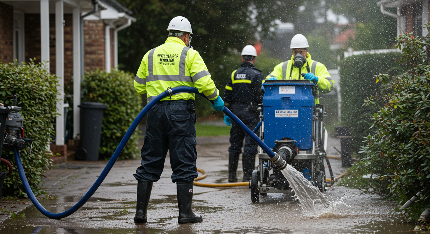 A water damage restoration team in action, wearing protective gear, using specialized equipment to extract water from a flooded residential area. The scene captures urgency and professionalism.