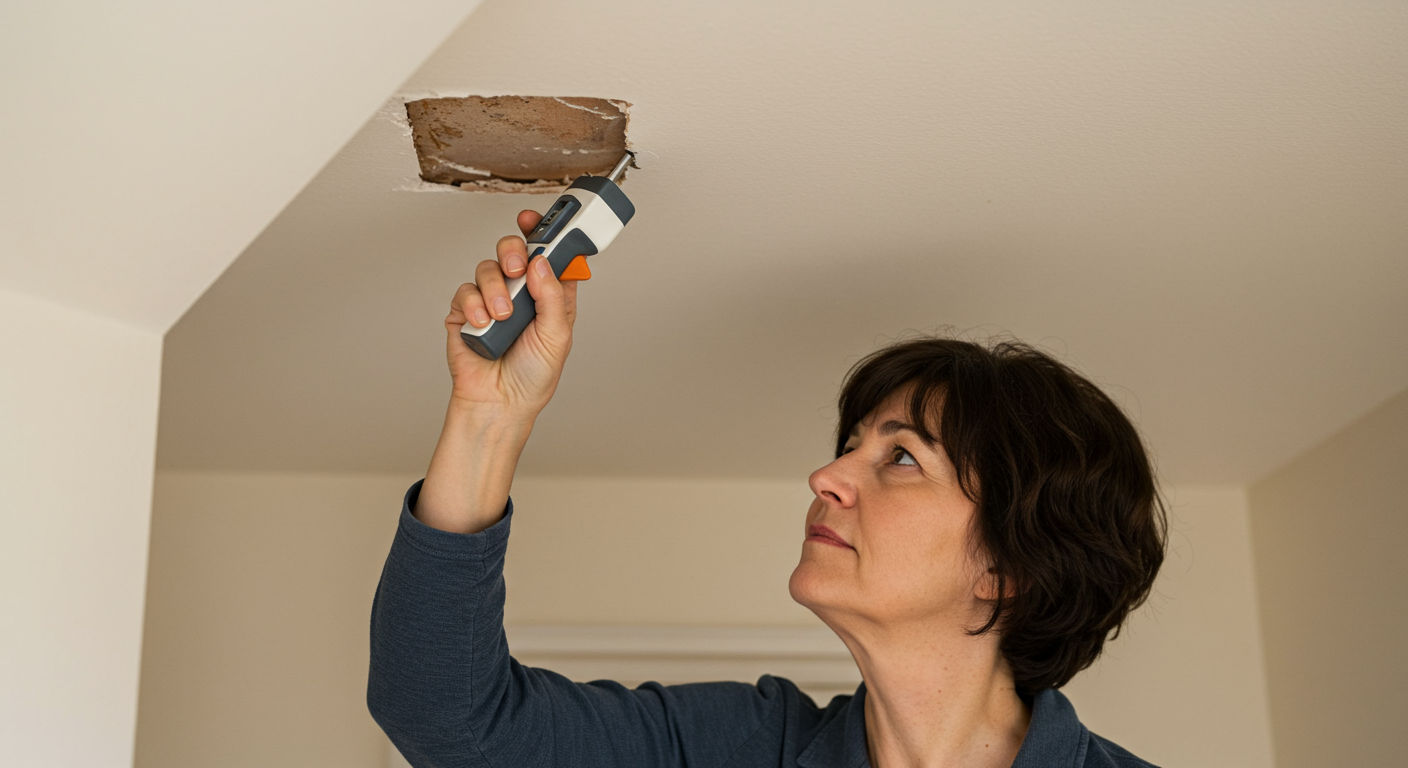 A homeowner inspecting their ceiling with a moisture meter, emphasizing the importance of regular checks to prevent mold growth.