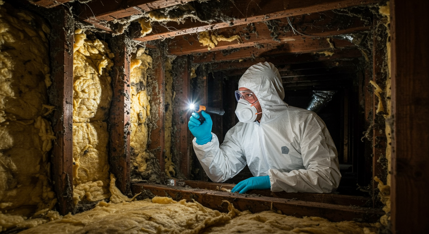 A technician in protective gear inspecting a crawl space filled with visible mold on wooden beams and insulation.