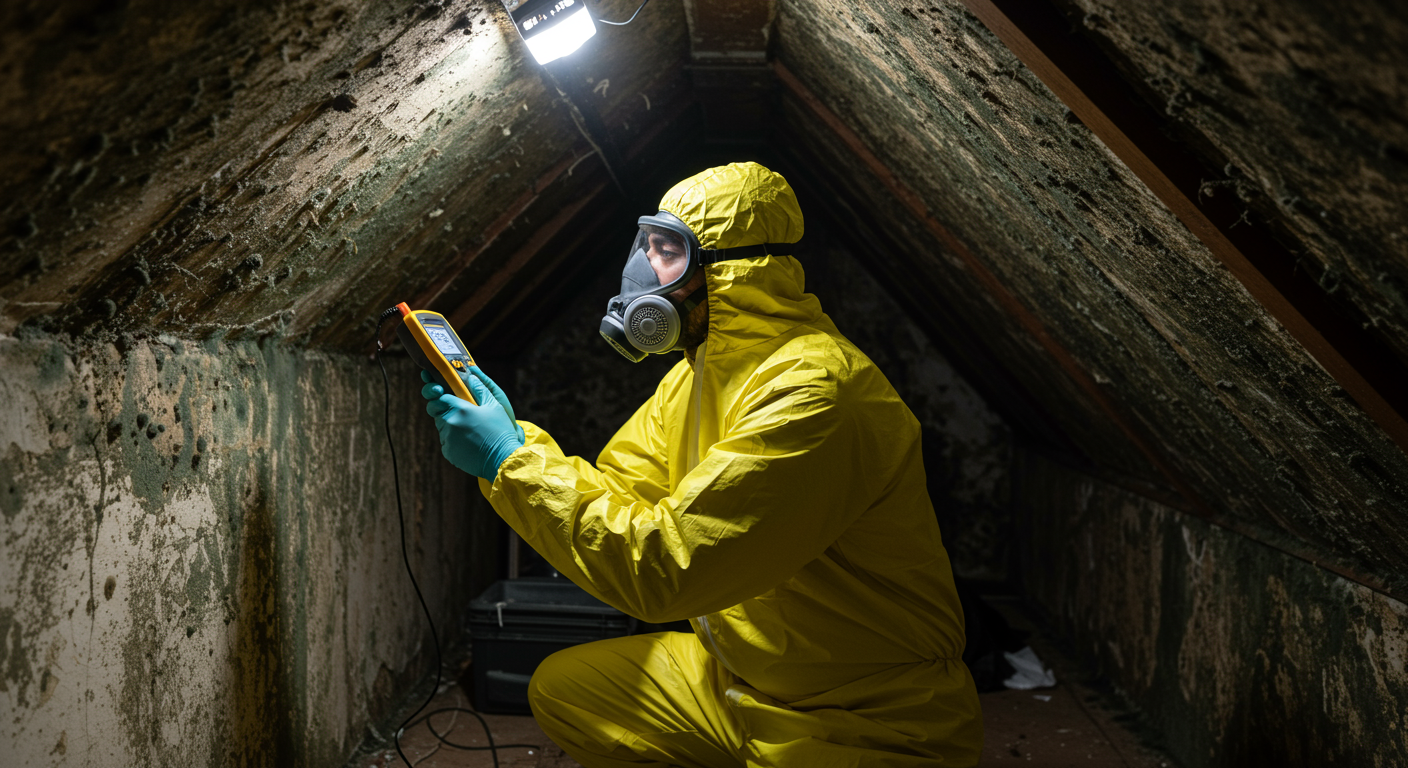 A mold remediation specialist in protective gear, using equipment to assess and treat a mold-infested area.