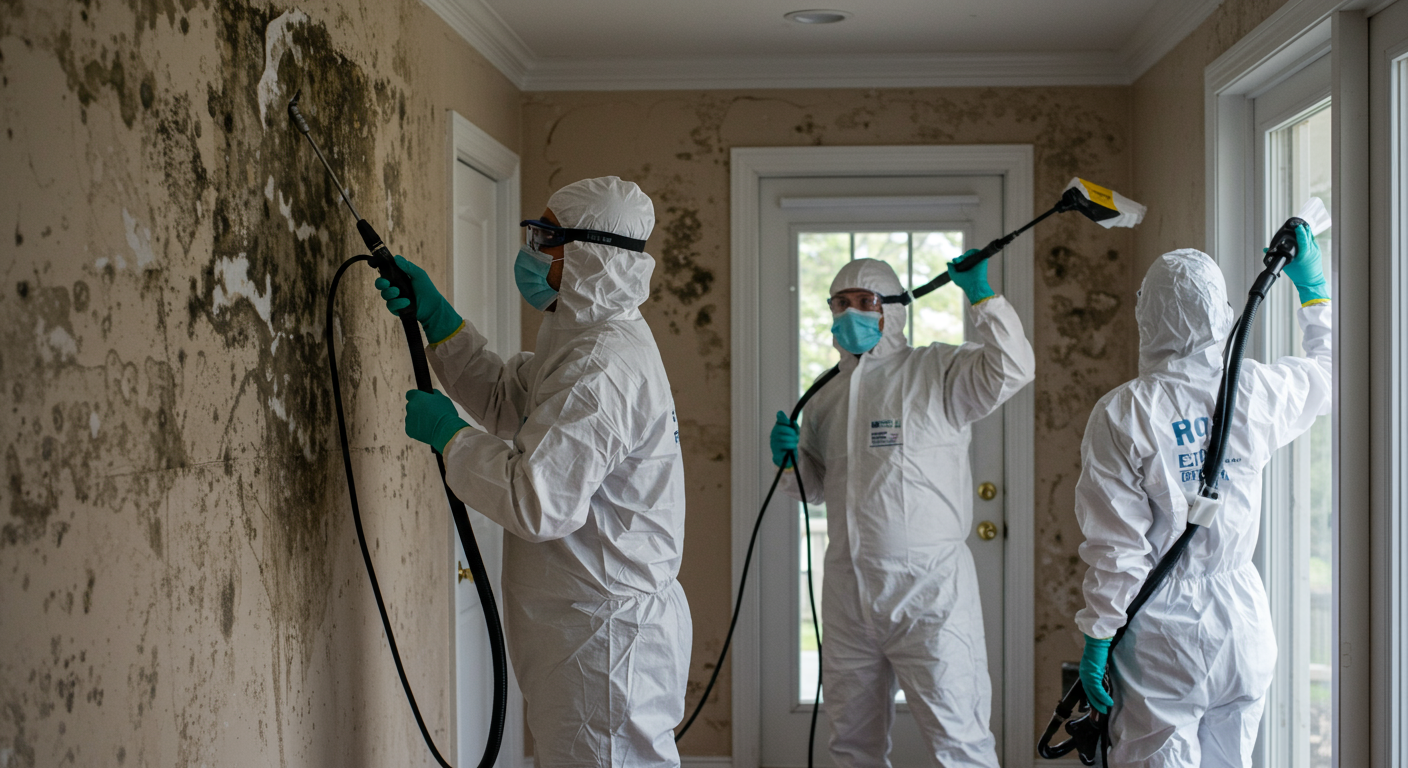 A dynamic scene of a mold remediation team in protective gear actively removing mold from a home. The image captures the teamwork and professionalism of the crew, with visible mold on the walls being treated. The setting is a typical Greenville home interior.