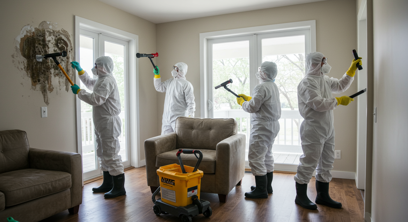 A team of professionals in protective suits actively removing mold from a wall.