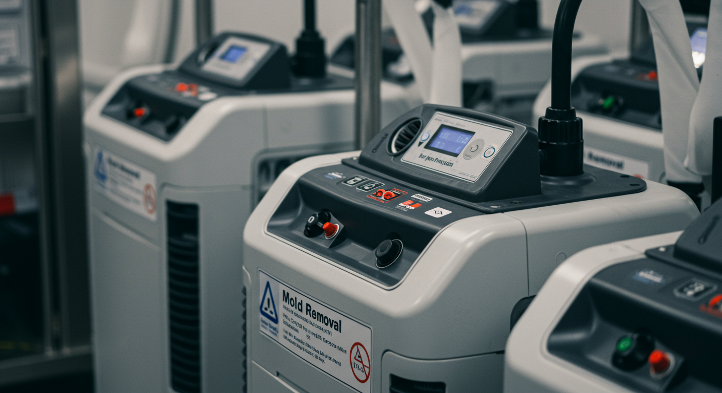 A close-up of specialized mold removal equipment, such as air scrubbers and dehumidifiers, arranged in a clean, well-lit environment. This image conveys professionalism and the tools of the trade.