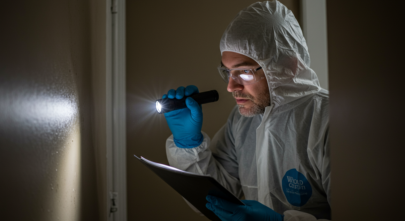 A professional mold inspector in protective gear examining a damp corner of a home with a flashlight.