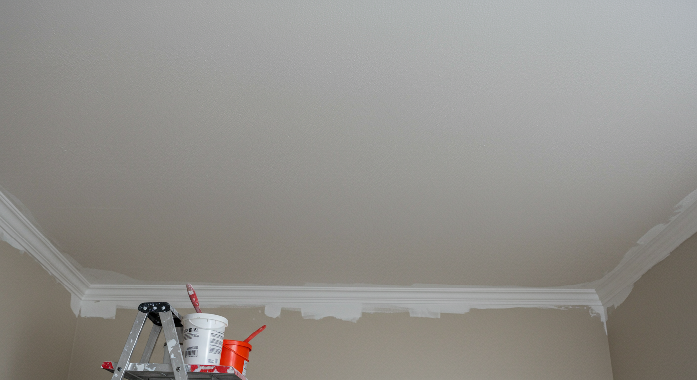 A clean, freshly scraped ceiling ready for painting, with paint supplies in the foreground, emphasizing the next step in the home improvement process.