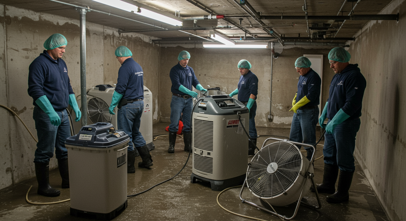 A team of technicians working together to dry out a flooded basement using industrial fans and dehumidifiers. The scene captures teamwork and the urgency of the restoration process.
