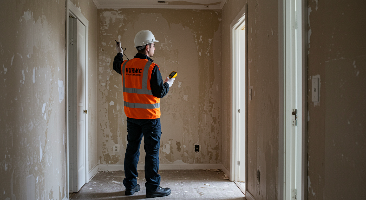 A professional in a safety vest inspecting a home with visible water damage on the walls and floor.