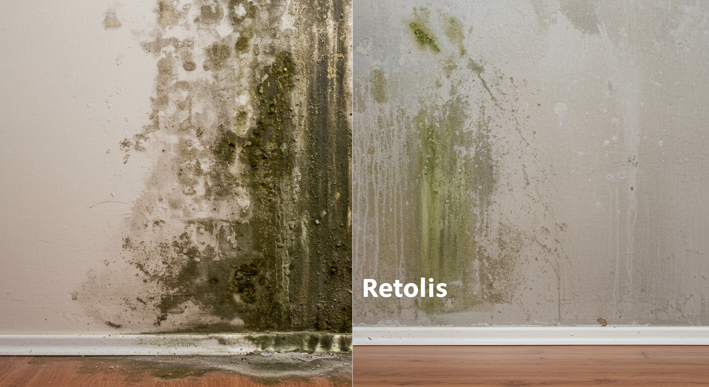 A split-screen image showing a mold-infested wall on one side and the same wall restored to a clean, mold-free state on the other side.