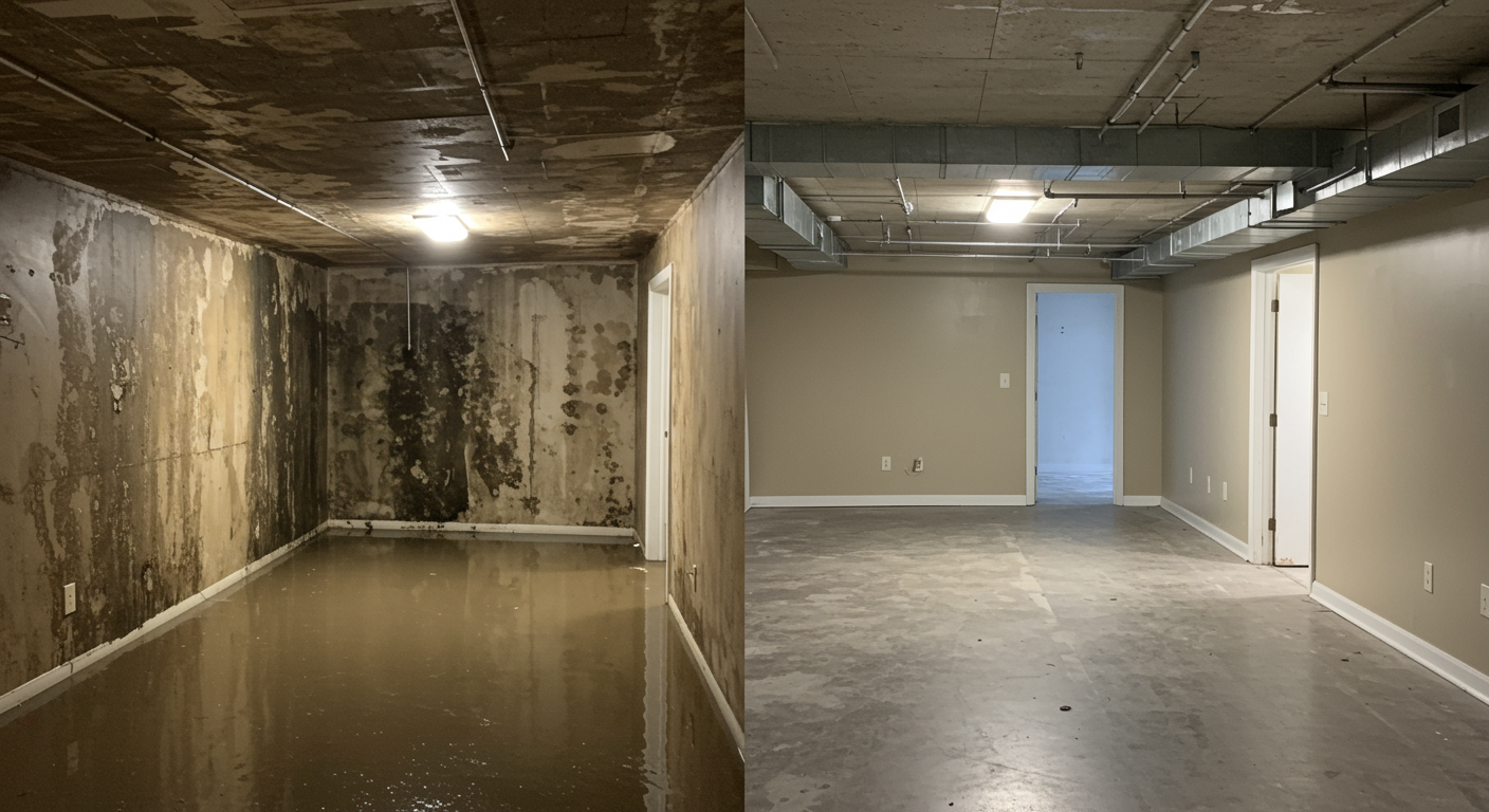 A before-and-after comparison of a water-damaged basement. The left side shows a flooded and moldy basement with water stains on the walls, while the right side displays a fully restored, clean, and dry basement. The transition is seamless, emphasizing the effectiveness of Total Recovery SC's services.