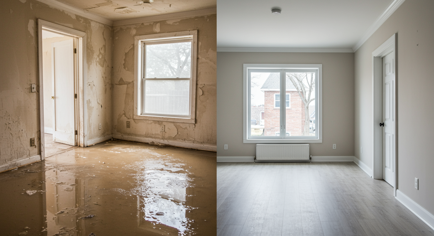A split-screen image showing a room before and after water damage restoration. The left side shows a flooded room with water stains, while the right side shows a fully restored, clean, and dry space.