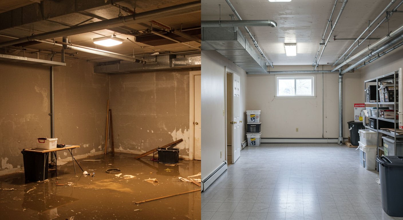 A split image showing a flooded basement on the left side (with standing water and damaged items) and the same basement fully restored on the right side (clean, dry, and organized). The transition highlights the effectiveness of professional water extraction services.