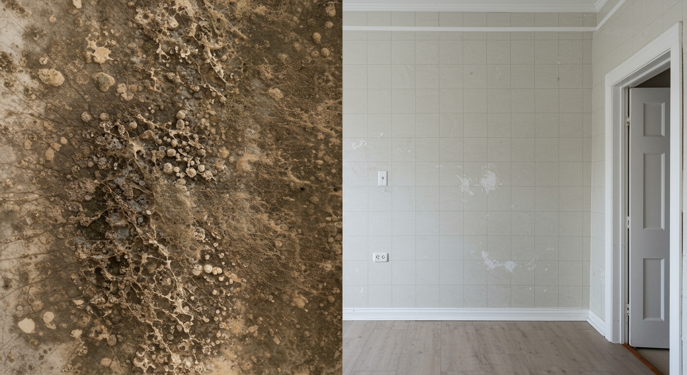 A split image showing the left side with significant mold damage and the right side showcasing a clean, restored area. The contrast highlights the effectiveness of mold restoration services.