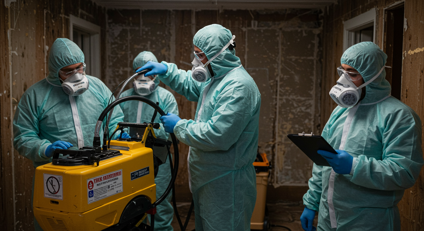 A team of certified mold technicians in Spartanburg working on a mold mitigation project. They are shown using advanced equipment and wearing protective gear, emphasizing professionalism and expertise.