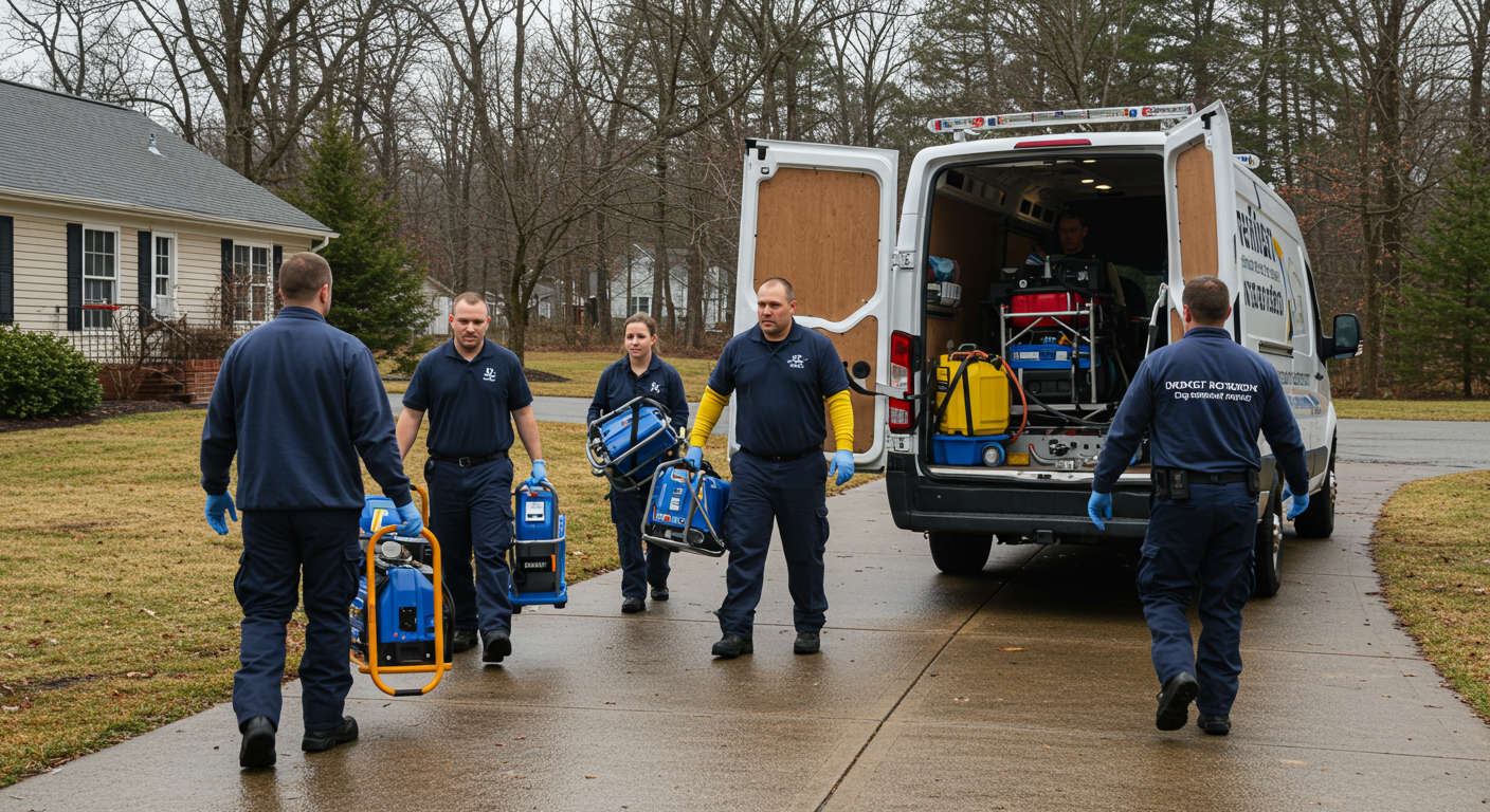A team of water extraction professionals arriving at a residential property in Spartanburg, SC. They are unloading equipment from a branded van, with urgency and professionalism evident in their demeanor.